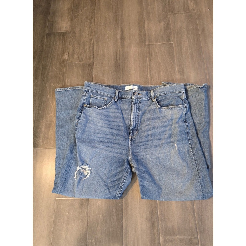 LOFT Womens High Waist Straight Crop Distressed Blue Jeans Size 14/32